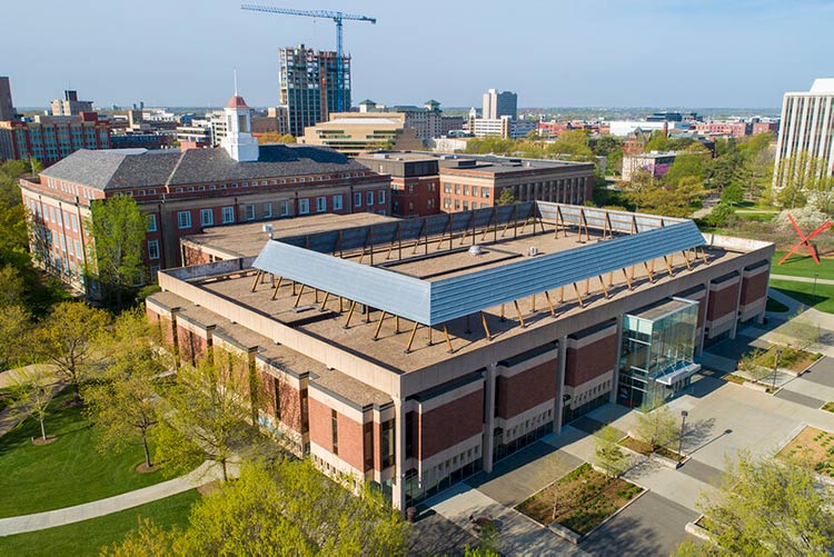 Aerial photo of UNL's Love Library
