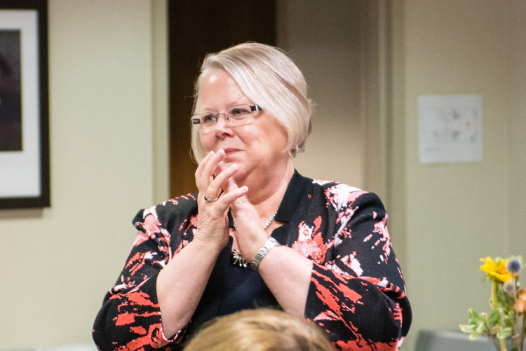 Dr. Susan Fritz at President Emeritus Hank Bounds' farewell celebration at Varner Hall, July 2019.