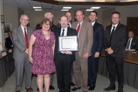 Chancellor Gold; Karen Kenney, wife; Regent Phares; Dan Denny, recipient; Bret Blackman, Associate Vice President of IT; Mark Askren, Vice President of IT; President Bounds; Jesse Clark, Director of Application and Development Services