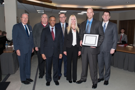 Regent Daub; Sean Humphrey, UNLPD IT Manager; Hassan Ramzah, UNLPD Assistant Chief of Police; Chancellor Green; Sheri Burkholder, wife; Jared Burkholder, recipient; President Bounds.