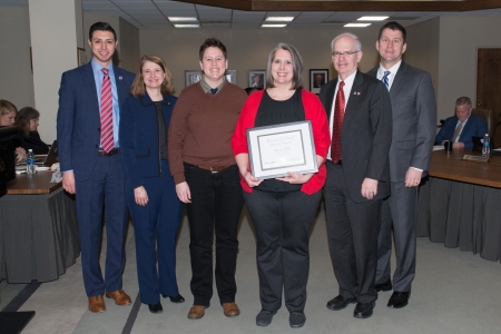 Regent Eby; Cathy Pettid, Assistant Vice Chancellor of Student Affairs; Erin Betram, spouse; Marissa Wolfe, recipient; Chancellor Gold; President Bounds.