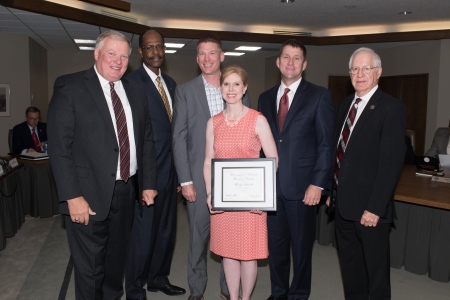 Chancellor Kristensen, Gilbert Hinga, Dean–Division of Student Affairs; Brian Schardt, husband; Wendy Schardt, recipient; President Bounds; Regent Whitehouse