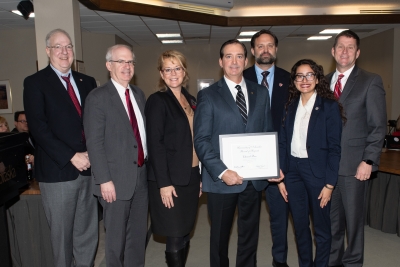 Kenneth Cowan, Director of Eppley Institute; Chancellor Gold; Karen Rau, wife; Edward Rau, recipient; Matthew Winfrey, supervisor; Regent Chavez; President Bounds