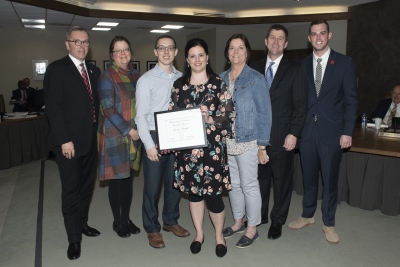 Chancellor Green; Priscilla Hayden-Roy, Supervisor and Associate Dean; Cody Bodfield, husband; Jennifer Bodfield, recipient; Becky Lehmer, mother; President Bounds; Regent Traynor