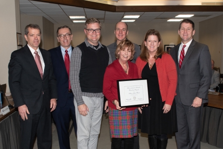 Regent Pillen; Chancellor Green; Curtis Bright, co-worker; Mary Jane Bruce, recipient; David Fitzgibbon, co-worker; Deb Fiddelke, Chief Communication & Marketing Officer; President Bounds