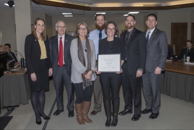 Regent Hotovy; Chancellor Gold; Denise Wieczorek, Housing & Residence Life Assistant director; Marshall Kole, husband; Sarah Kole, recipient; Trent Frederickson, Housing & Resident Life Director; President Bounds