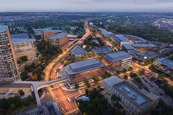 Aerial rendering of the EDGE District