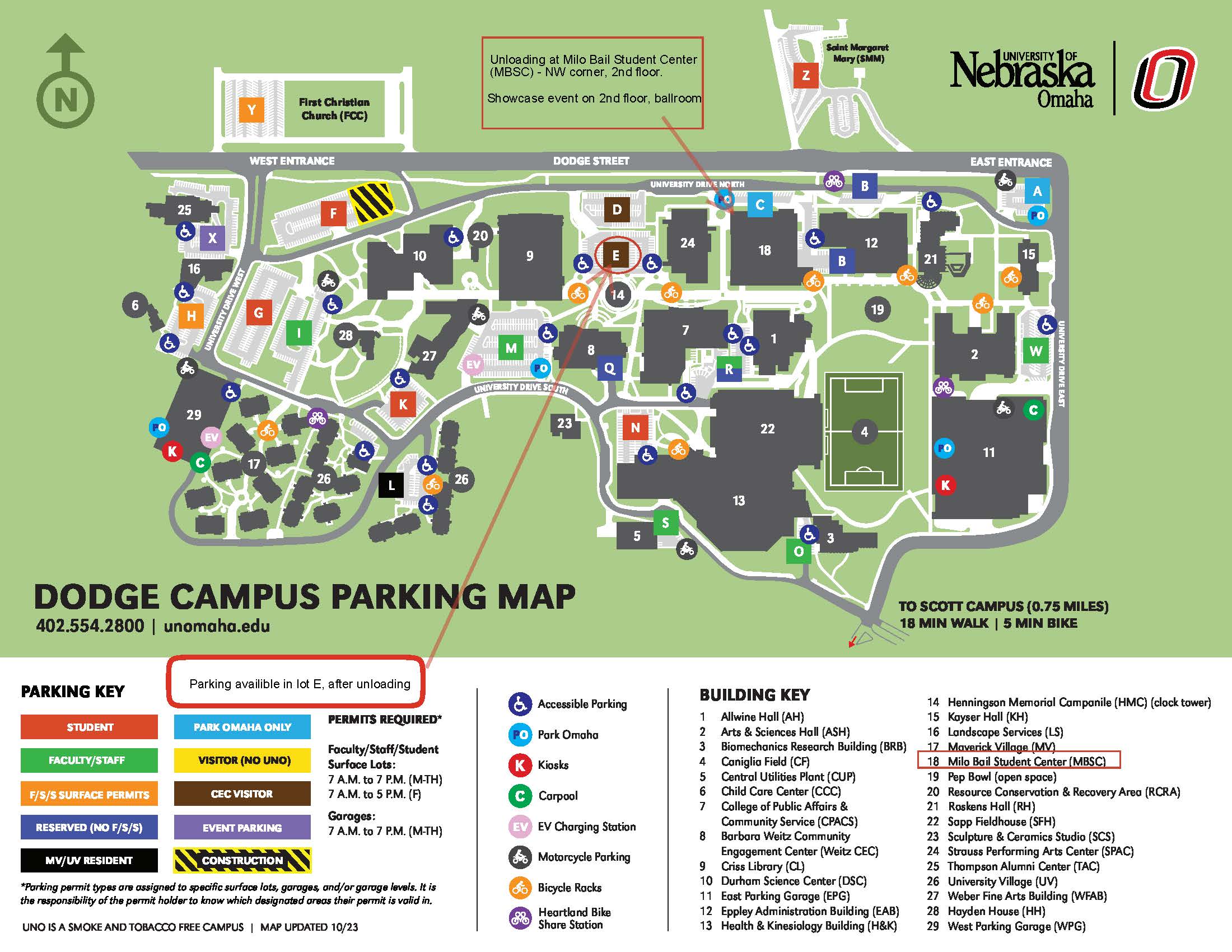 University of Nebraska Omaha Dodge Campus parking map highlighting unloading at the Milo Bail Student Center (northwest corner, 2nd floor) and parking available in Lot E after unloading.