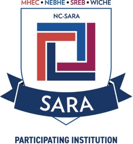 o Image of the SARA Institution Seal of Participation. A blue, red, and maroon colored shield-shaped logo with MHEC, NEBHE, SREB, and WICHE at the top, NC-SARA within the shield at the top, a banner with SARA, and the text "Participating Institution" at the bottom.
