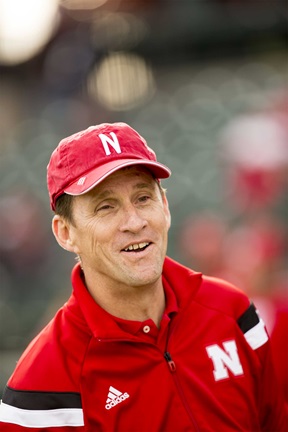 President Bounds throws the first pitch at the April 22, 2015 Husker baseball game
