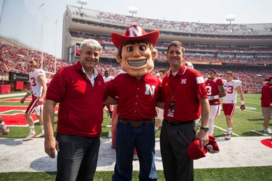 President Bounds and Dr. Jim Linder with Herbie Husker