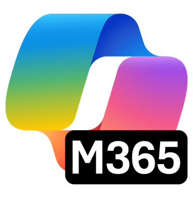 Microsoft 365 logo with a multicolored ribbon-shaped icon in blue, green, yellow, pink, and purple above a black rectangle labeled “M365”