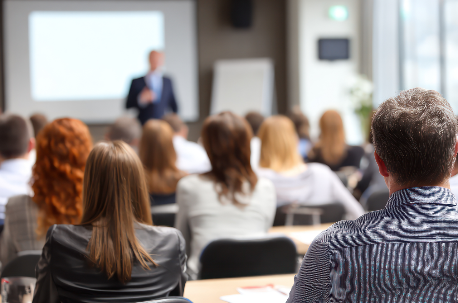 Audience seated in a conference room facing a presenter near a screen during an in-person training session.