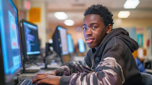 A person seated at a desk in a computer lab, typing on a keyboard while using a desktop computer. Multiple monitors and computer stations are visible in the background, along with classroom-style décor and soft lighting.